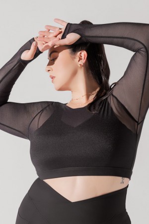 POPFLEX Coquette Long Sleeve Mesh Bra Black | 650-GNVLRZ