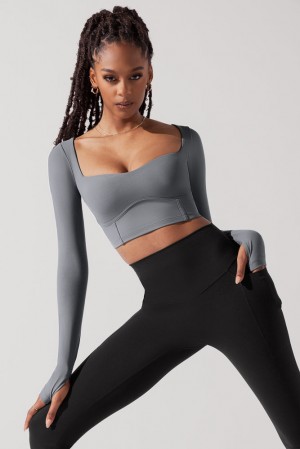 POPFLEX Sweetheart Long Sleeve Crop Top Cloudy Grey | 389-RZDBWT