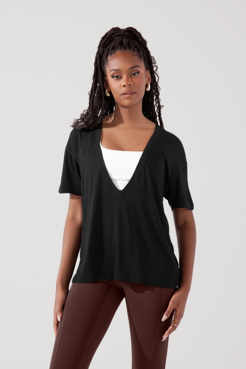 POPFLEX Daring Deep V Tee Black | 351-FVDGIH