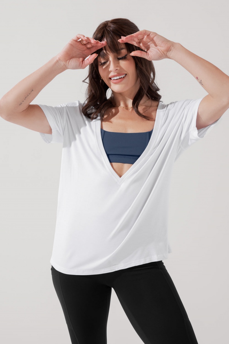 POPFLEX Daring Deep V Tee White | 195-OEVGDC