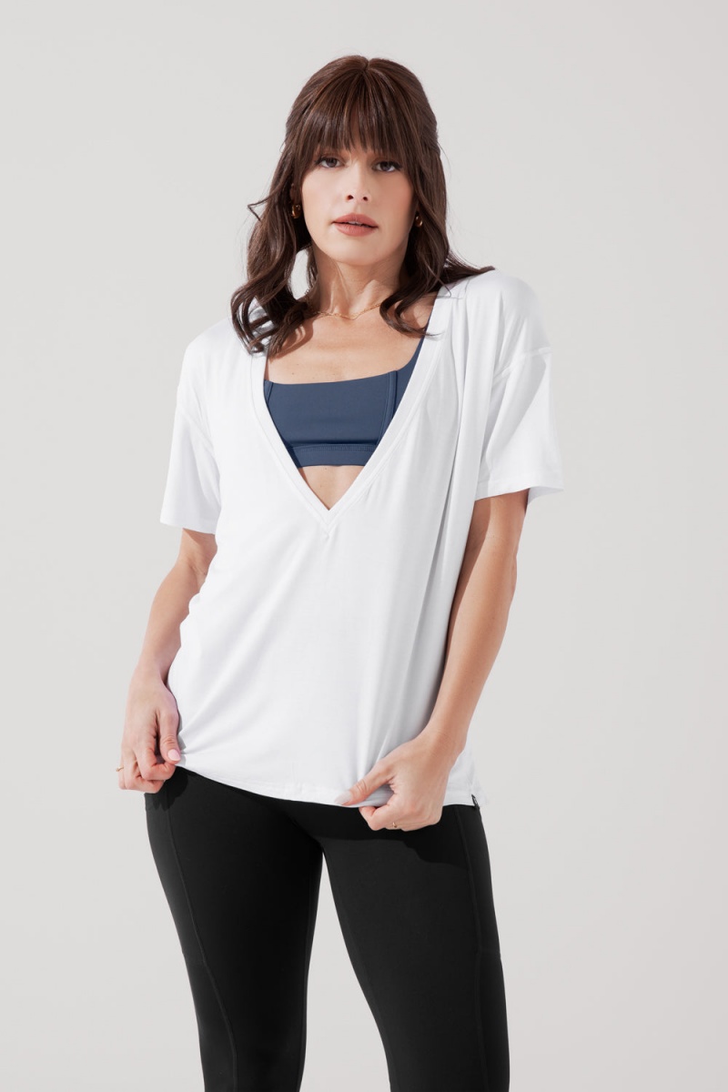 POPFLEX Daring Deep V Tee White | 195-OEVGDC