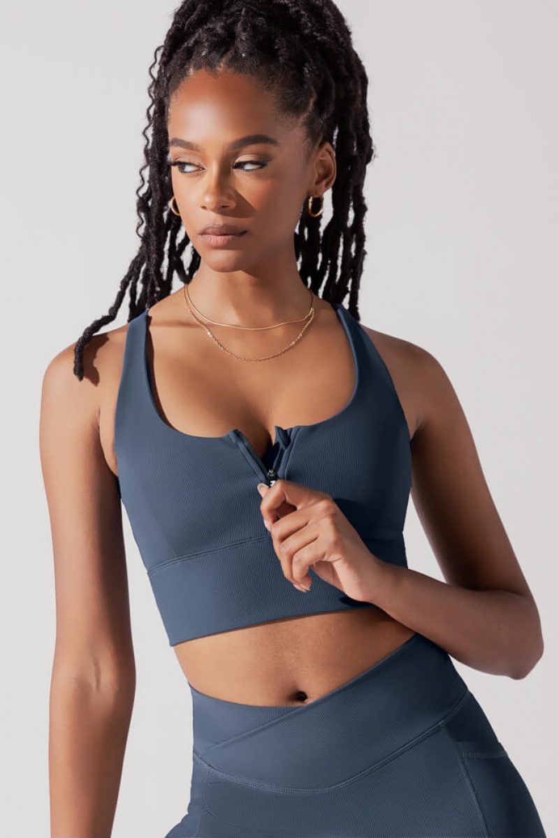 POPFLEX Energy Half Zip Crop Top (Ribbed) Navy | 947-IOKAHB