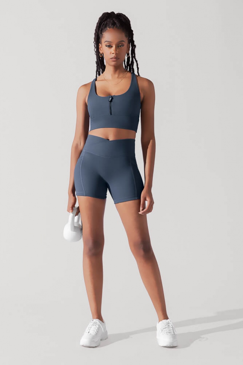 POPFLEX Energy Half Zip Crop Top (Ribbed) Navy | 947-IOKAHB