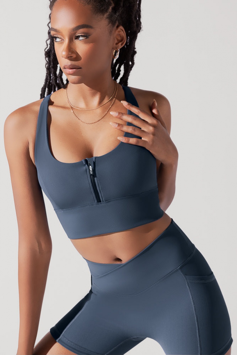 POPFLEX Energy Half Zip Crop Top (Ribbed) Navy | 947-IOKAHB