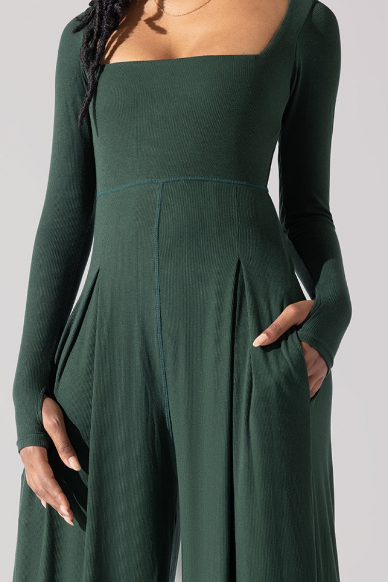 POPFLEX Go With The Flow Long Sleeve Jumpsuit Pine | 751-TUBIZO