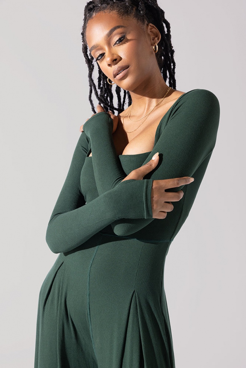 POPFLEX Go With The Flow Long Sleeve Jumpsuit Pine | 751-TUBIZO