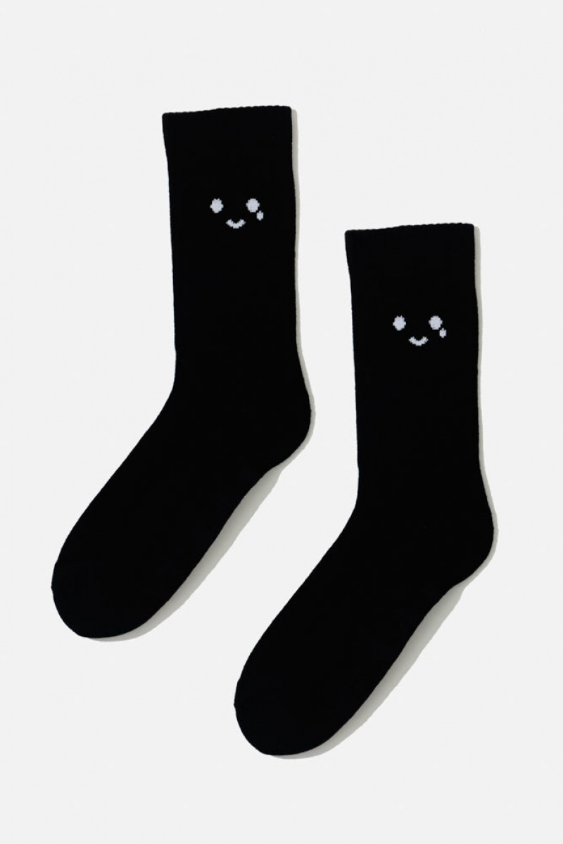 POPFLEX Happy Cry Face Mid-Calf Gym Socks Black | 953-EMTURJ