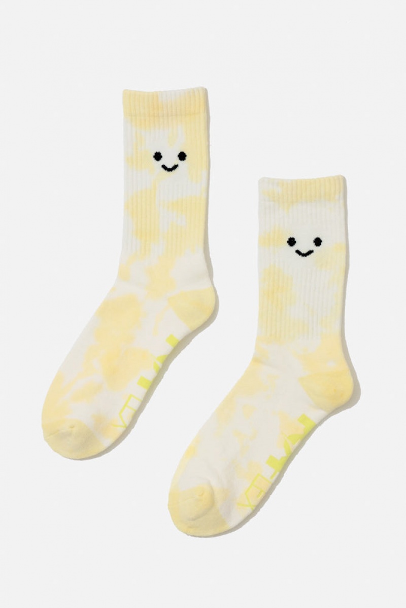 POPFLEX Happy Face Mid-Calf Gym Socks Yellow Tie Dye | 840-OSUYAW