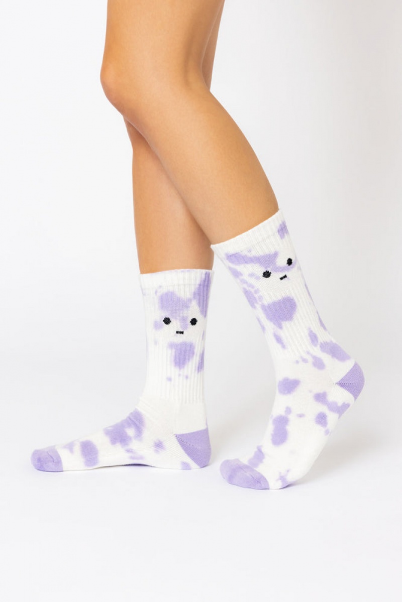 POPFLEX Meh Face Mid-Calf Gym Socks Purple Tie Dye | 586-ZYRJIN