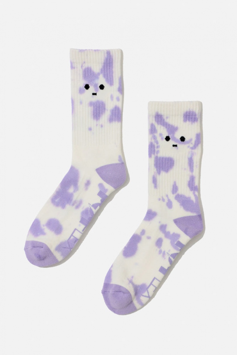 POPFLEX Meh Face Mid-Calf Gym Socks Purple Tie Dye | 586-ZYRJIN