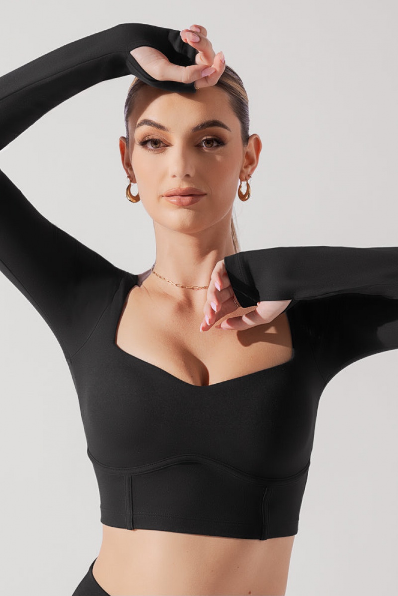 POPFLEX Sweetheart Long Sleeve Crop Top Black | 740-VNWYSP