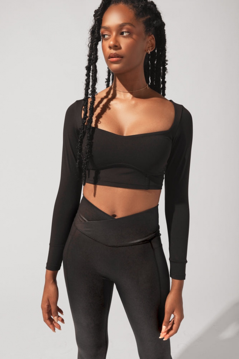 POPFLEX Sweetheart Long Sleeve Crop Top Black | 740-VNWYSP