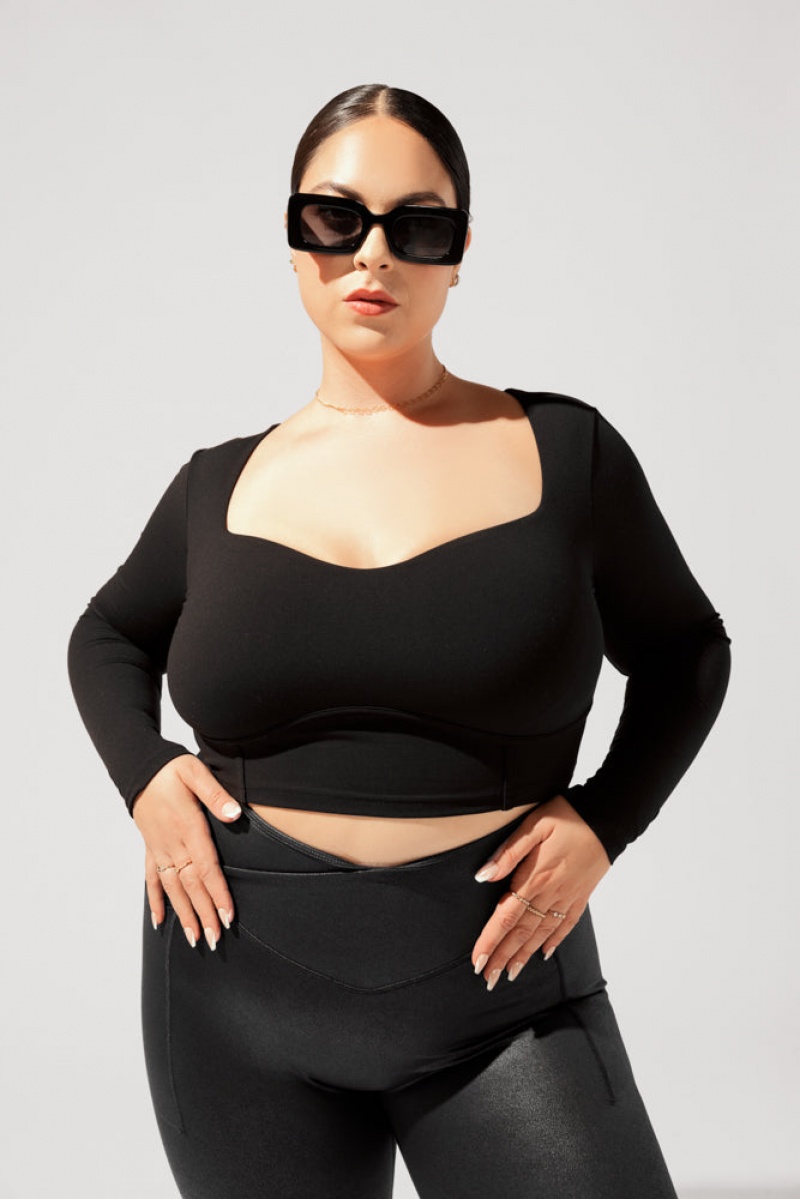 POPFLEX Sweetheart Long Sleeve Crop Top Black | 740-VNWYSP