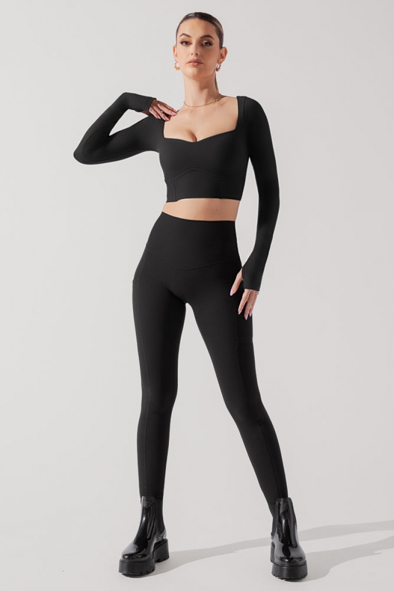 POPFLEX Sweetheart Long Sleeve Crop Top Black | 740-VNWYSP