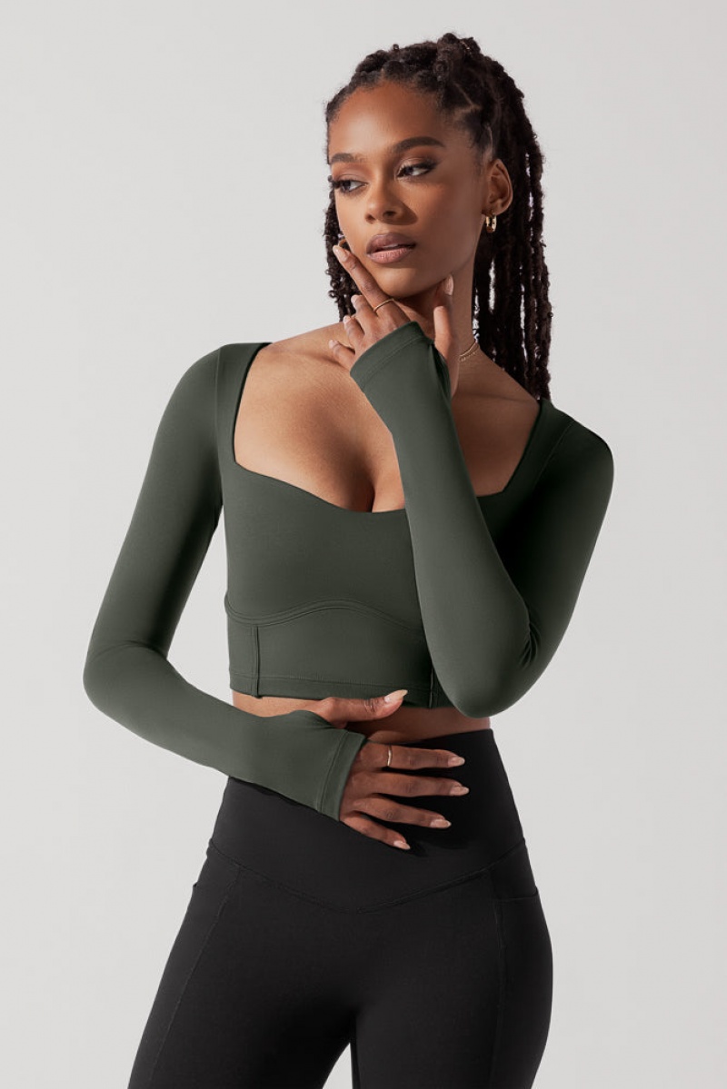 POPFLEX Sweetheart Long Sleeve Crop Top Forestwood | 840-ZKOABD