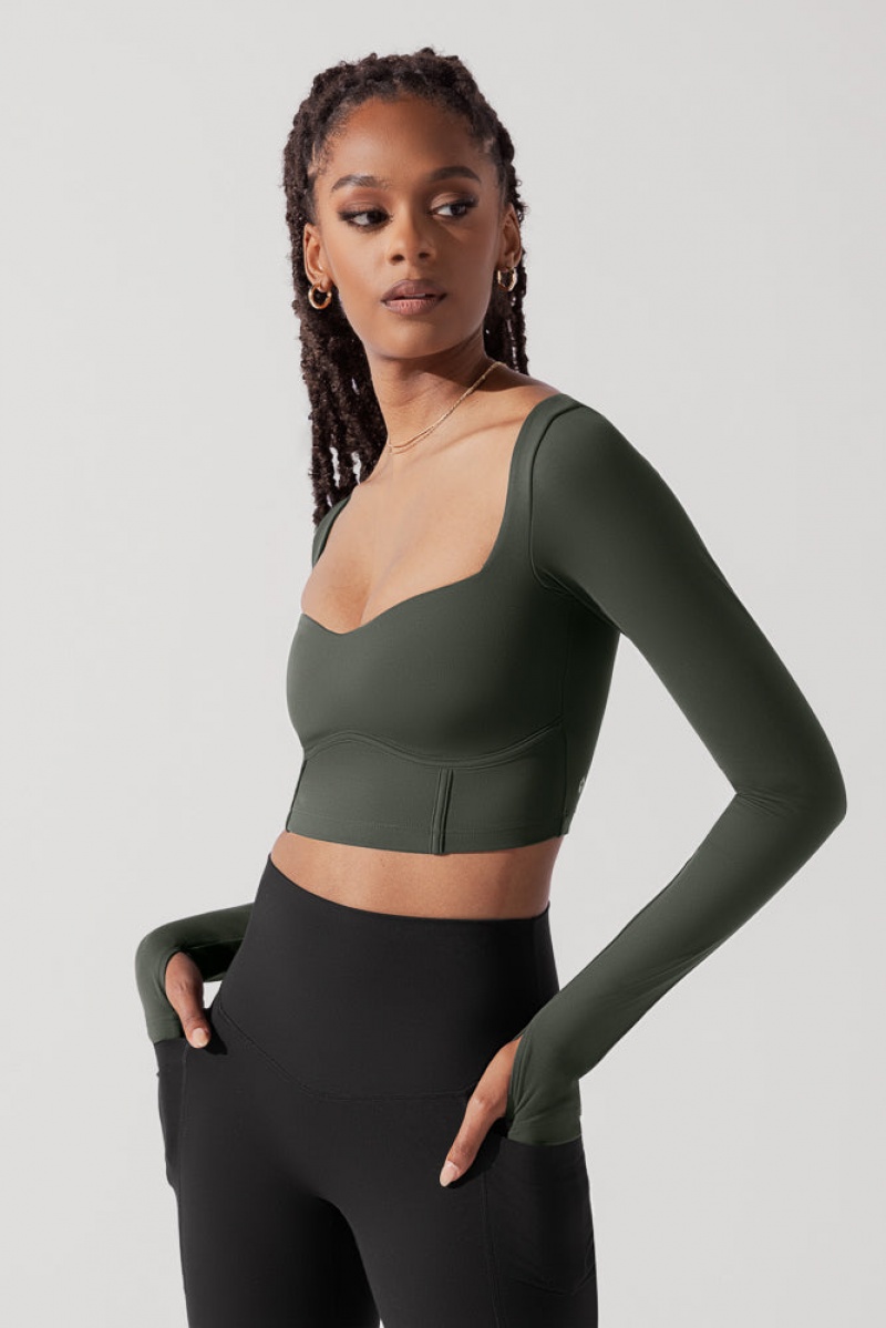 POPFLEX Sweetheart Long Sleeve Crop Top Forestwood | 840-ZKOABD