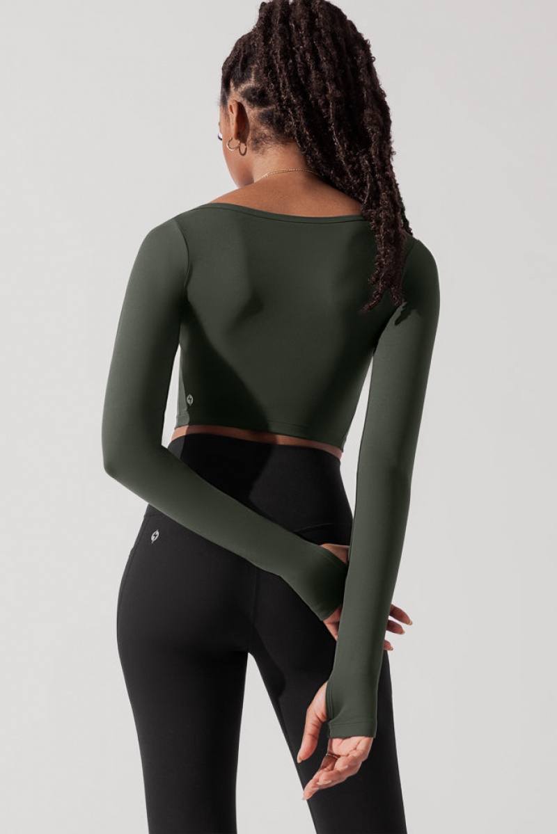 POPFLEX Sweetheart Long Sleeve Crop Top Forestwood | 305-OYVBQN