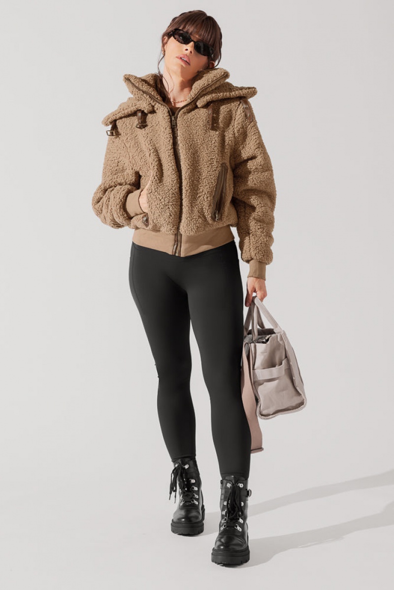 POPFLEX The Kinsley Bomber Jacket in Faux Sherpa Teddy Bear Brown | 326-UAGQOL