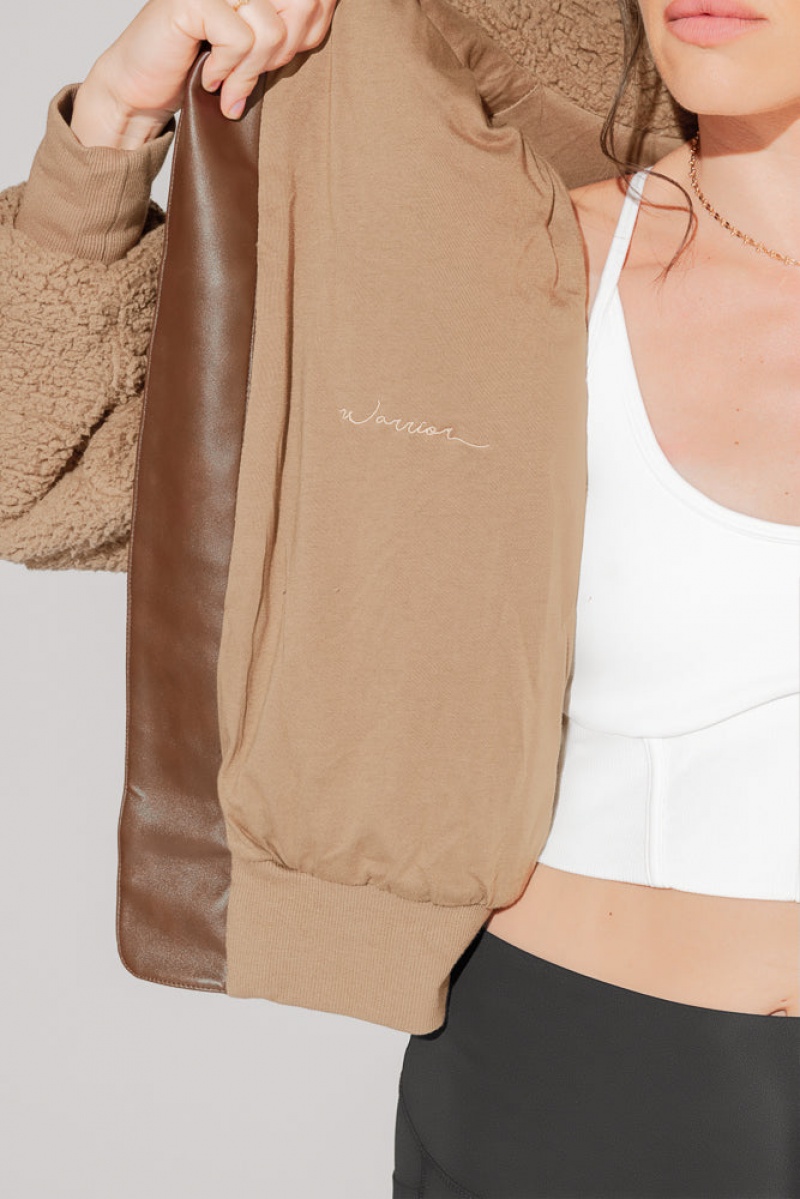 POPFLEX The Kinsley Bomber Jacket in Faux Sherpa Teddy Bear Brown | 326-UAGQOL