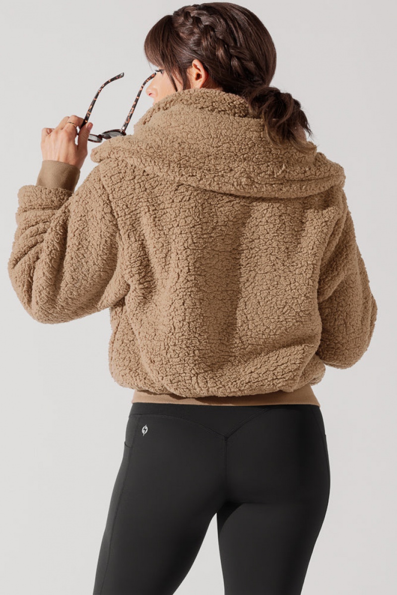 POPFLEX The Kinsley Bomber Jacket in Faux Sherpa Teddy Bear Brown | 326-UAGQOL