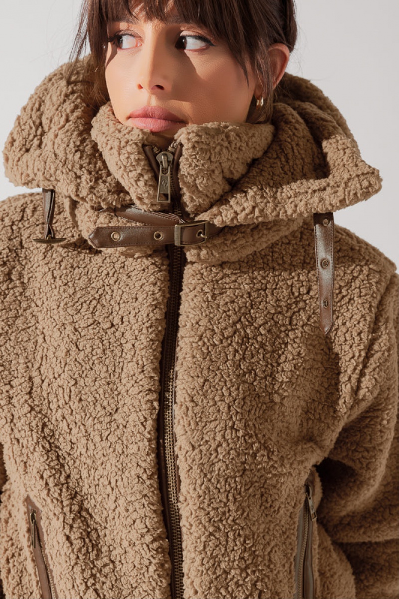 POPFLEX The Kinsley Bomber Jacket in Faux Sherpa Teddy Bear Brown | 326-UAGQOL