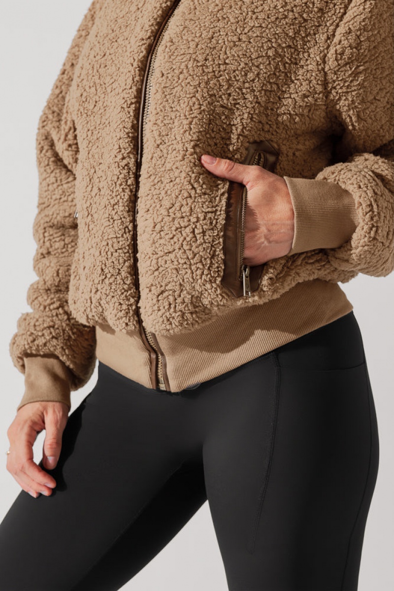 POPFLEX The Kinsley Bomber Jacket in Faux Sherpa Teddy Bear Brown | 326-UAGQOL