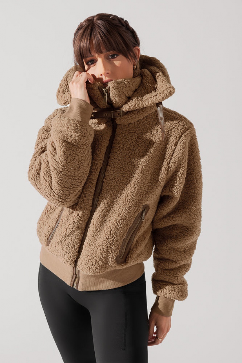 POPFLEX The Kinsley Bomber Jacket in Faux Sherpa Teddy Bear Brown | 326-UAGQOL