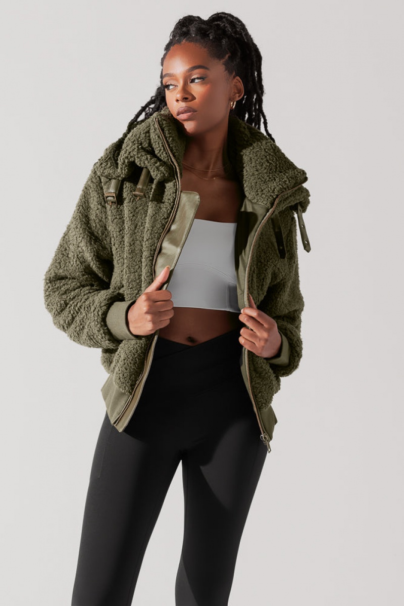 POPFLEX The Kinsley Bomber Jacket in Faux Sherpa Olive | 260-WTDOQF