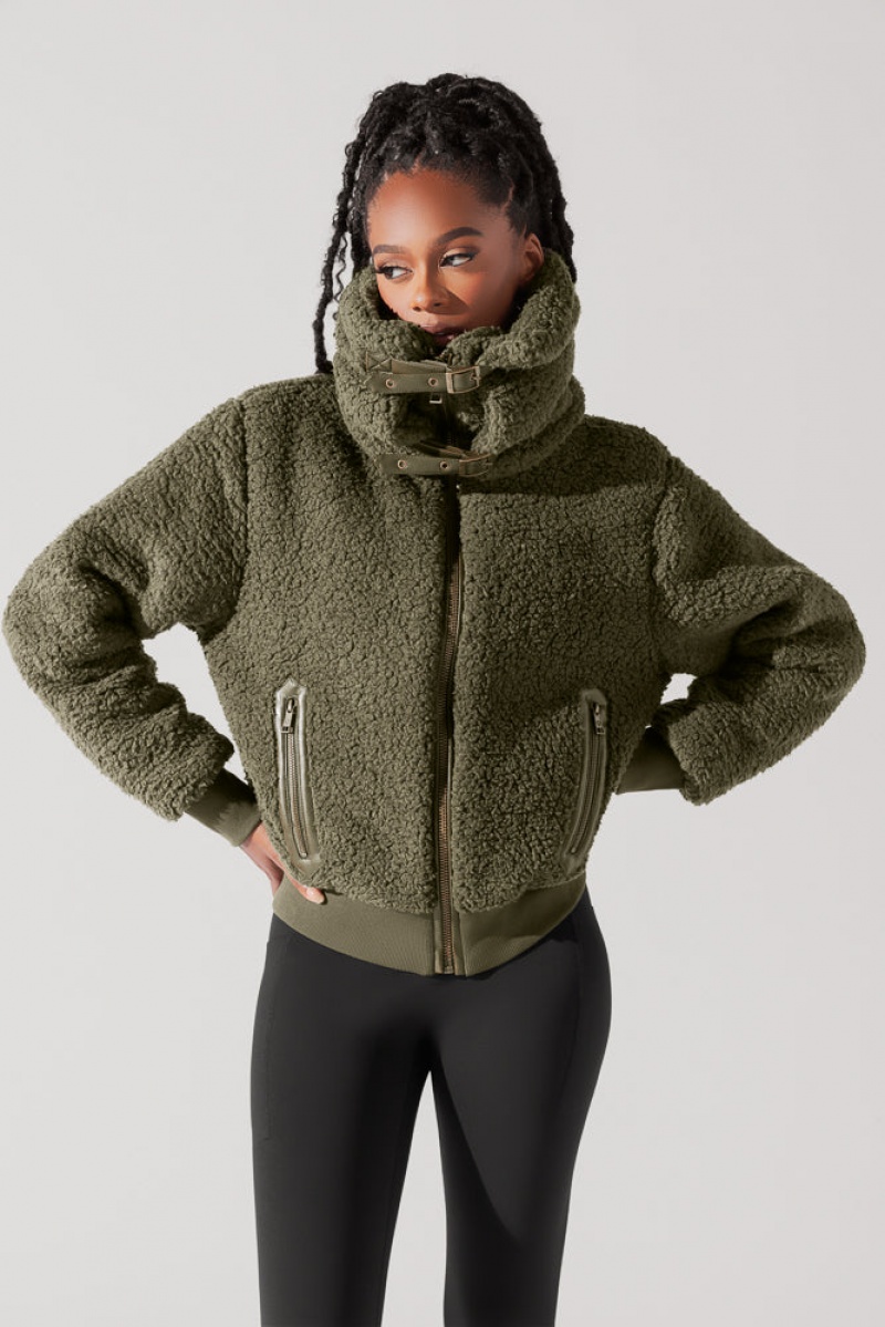 POPFLEX The Kinsley Bomber Jacket in Faux Sherpa Olive | 260-WTDOQF