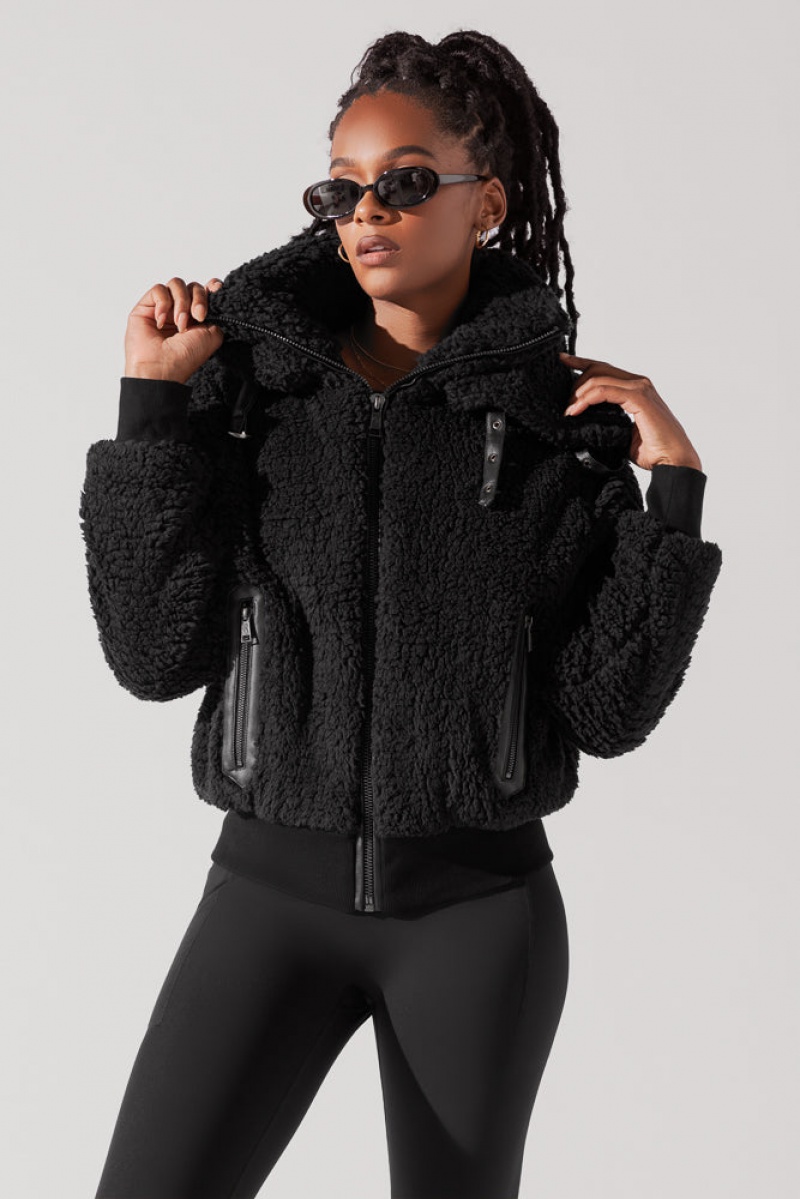 POPFLEX The Kinsley Bomber Jacket in Faux Sherpa Black | 518-BQOLTY